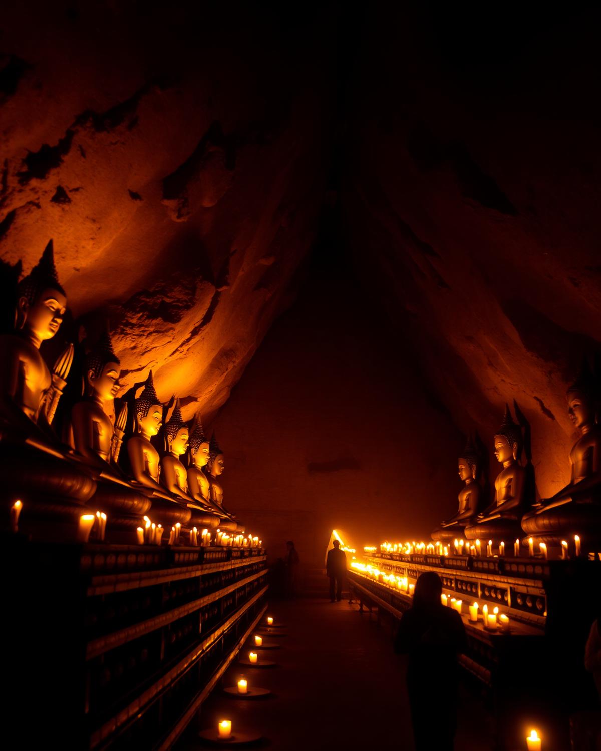 Candle-lit Buddha statues inside the Dambulla cave temple