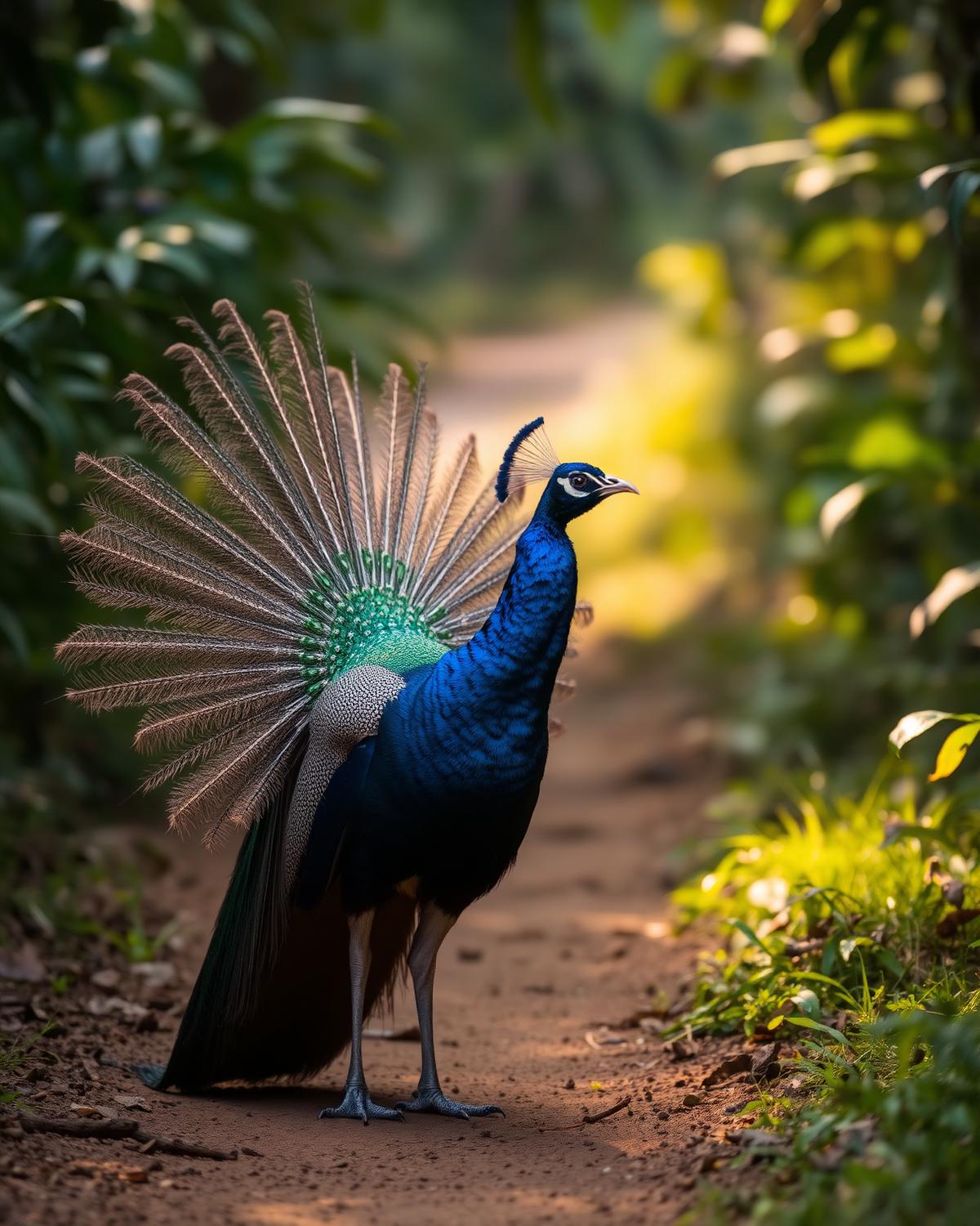A peacock displaying on a jungle path in the early morning