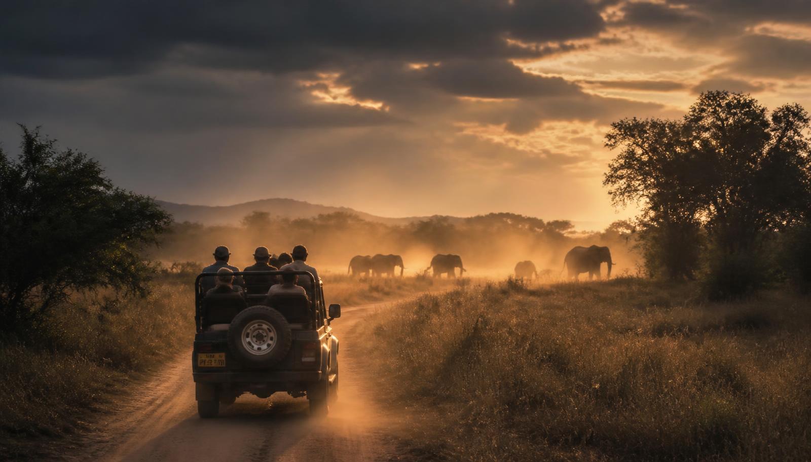 Safari jeep watching wild elephants at dusk in a Sri Lankan national park